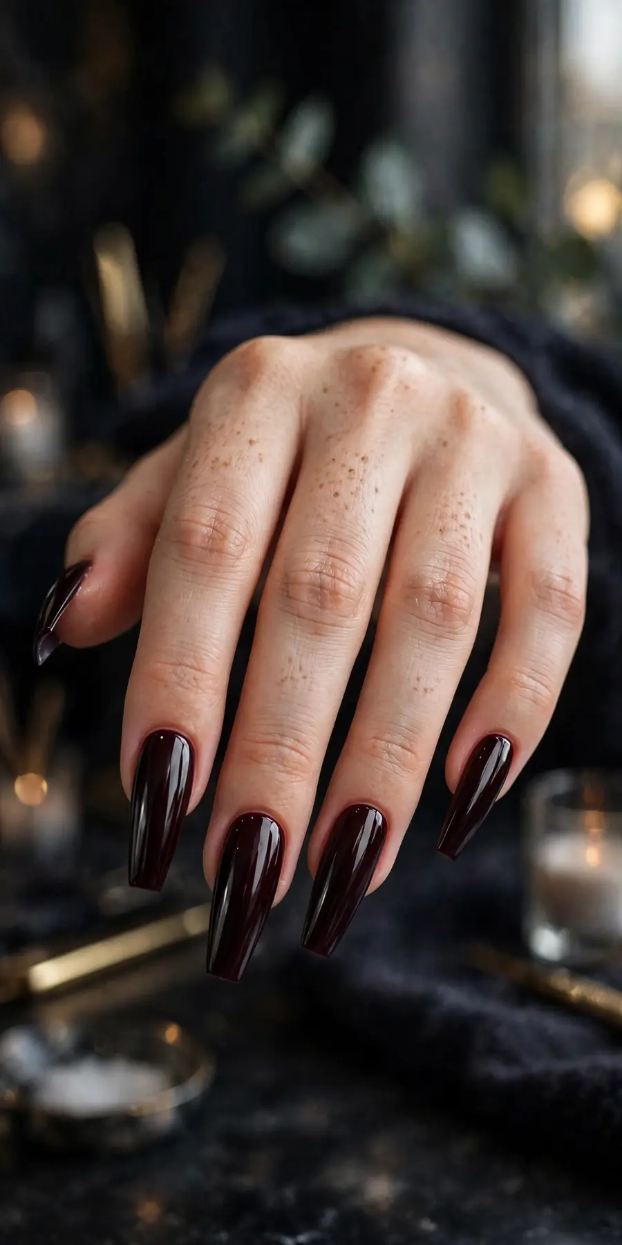Coffin shaped nails in black cherry burgundy