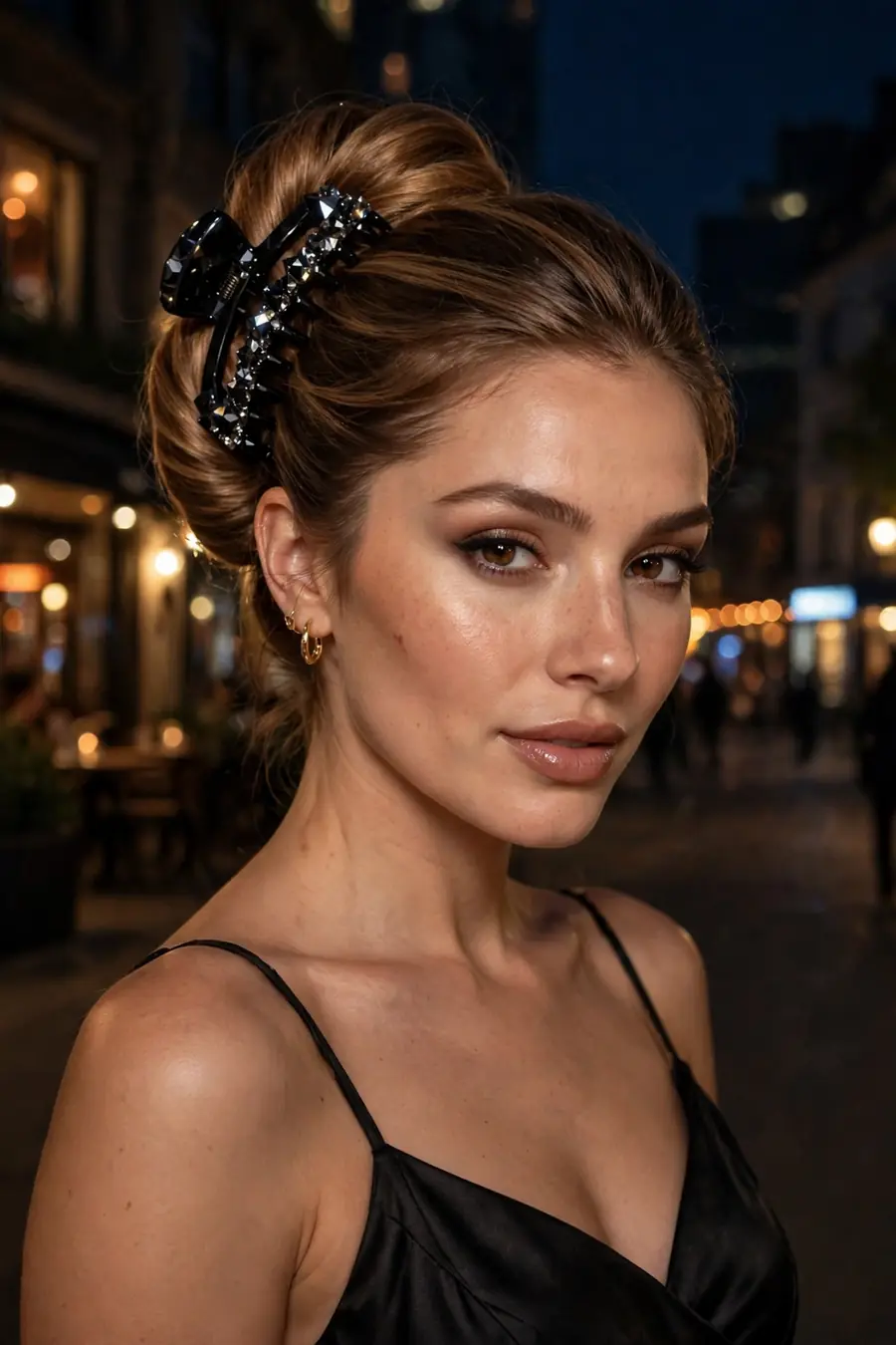 glam evening hair held by a black crystal claw clip