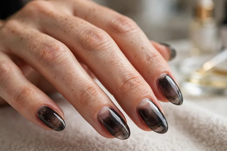 Black jelly nails, translucent glossy black nails