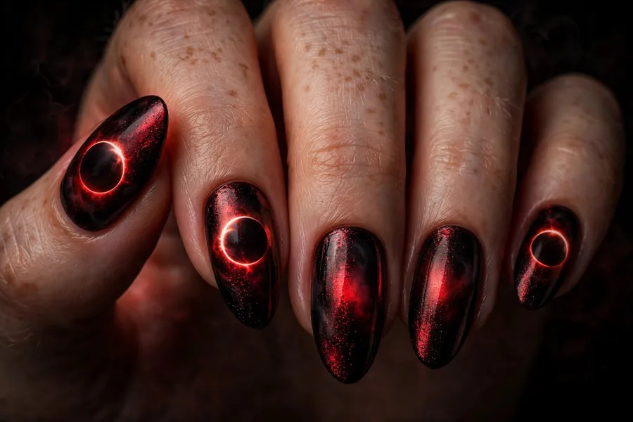 Blood moon aura gothic chrome nails, red glow fading to black