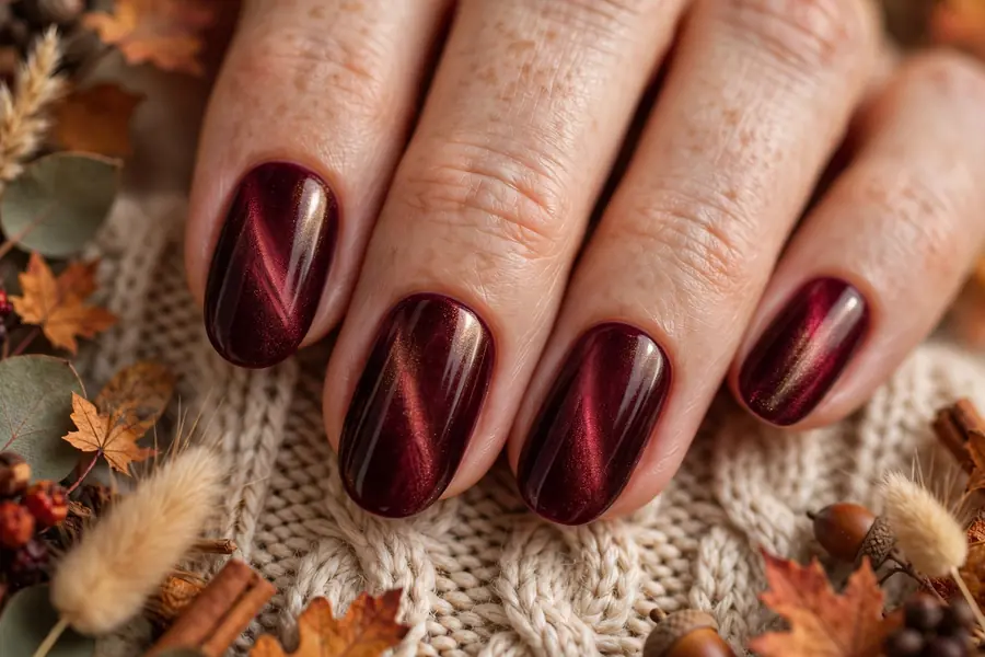 Burgundy velvet magnetic nails