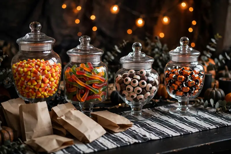Halloween candy buffet with apothecary jars of candy corn, gummy worms and treat bags