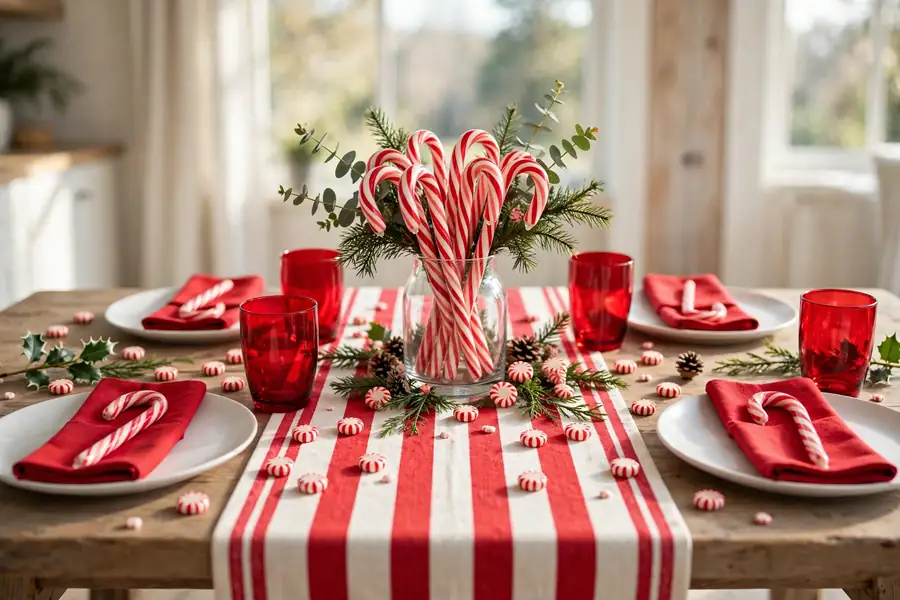 Playful candy cane christmas table setting with red and white stripes