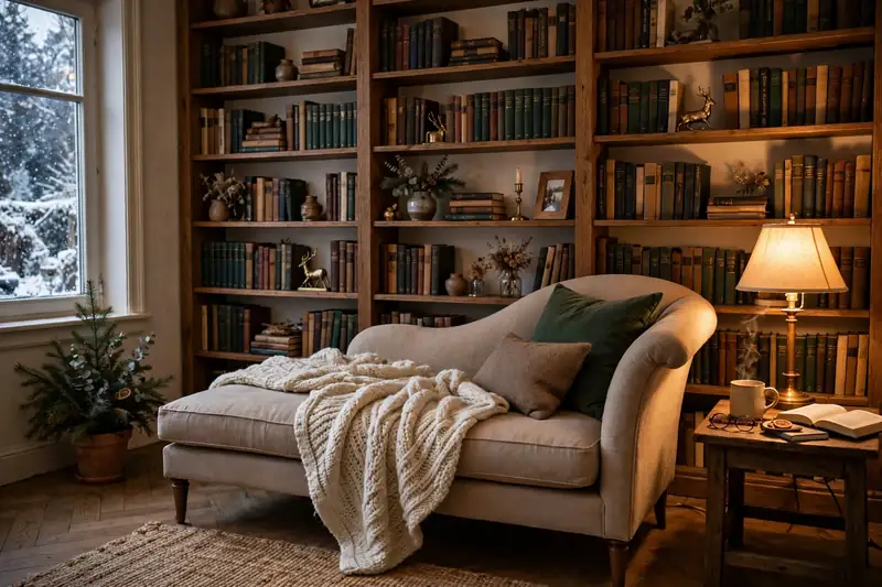 Chaise lounge facing a wall of bookshelves with a blanket and warm lamp