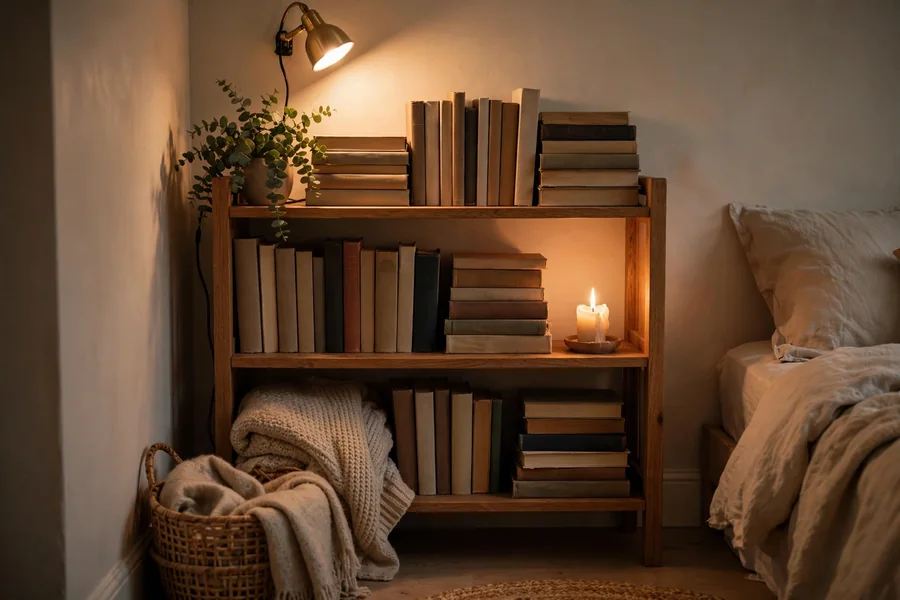 small bedroom bookshelf with favorite books and a cozy reading light