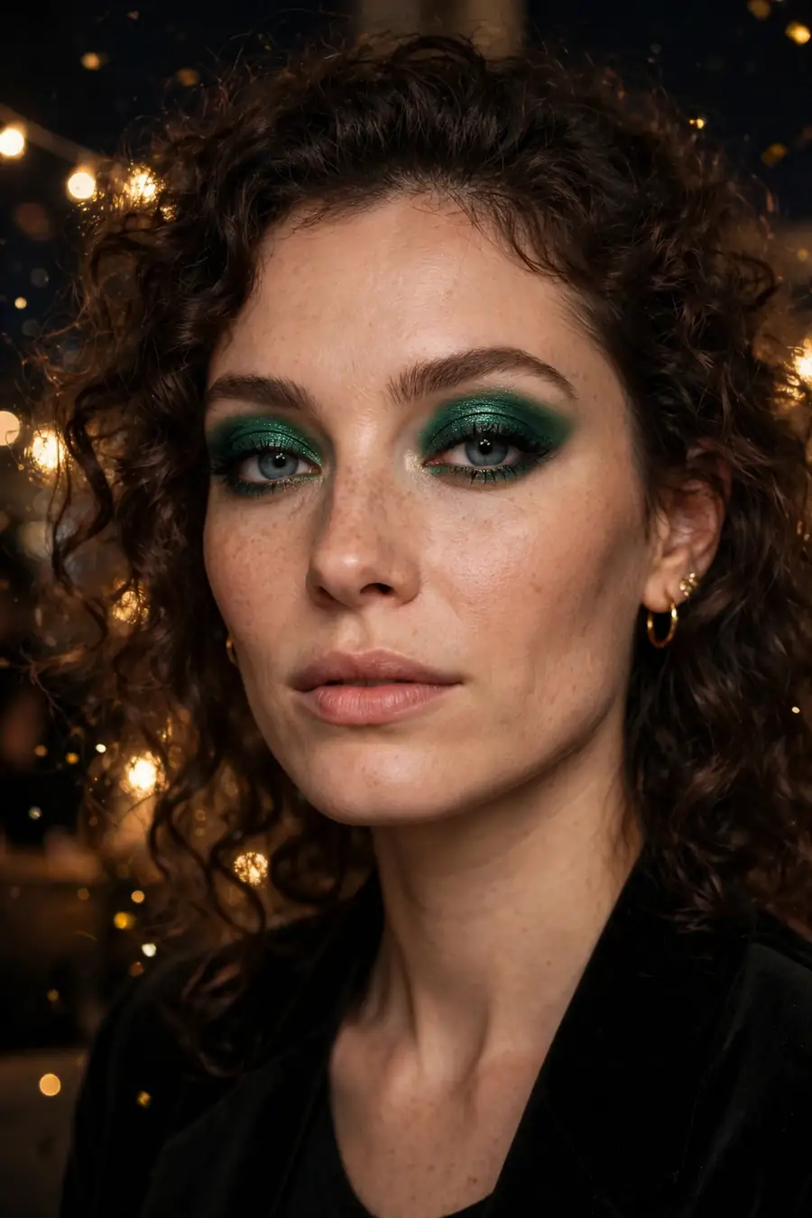 Woman with an emerald green eyeshadow look for a New Year's Eve party