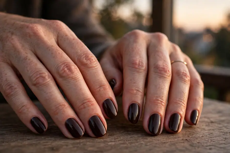 Deep espresso cocoa hot chocolate nails on real hands in evening light