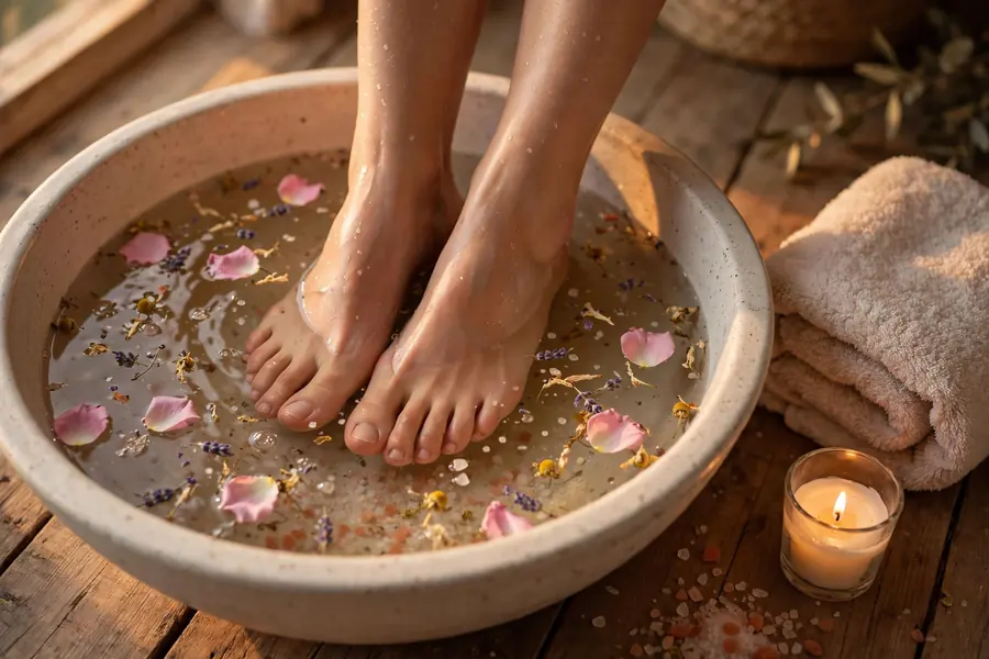 Epsom salt foot soak with towels for cozy fall self care