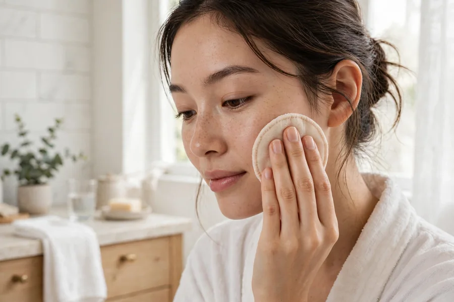 Gentle exfoliating pad being used on facial skin
