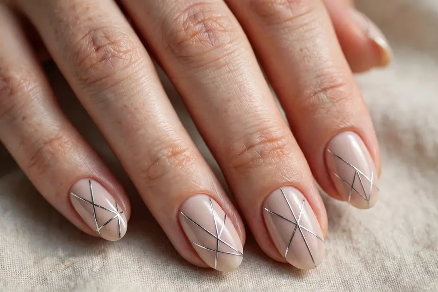 Geometric silver chrome line nail art on real hands over a white surface