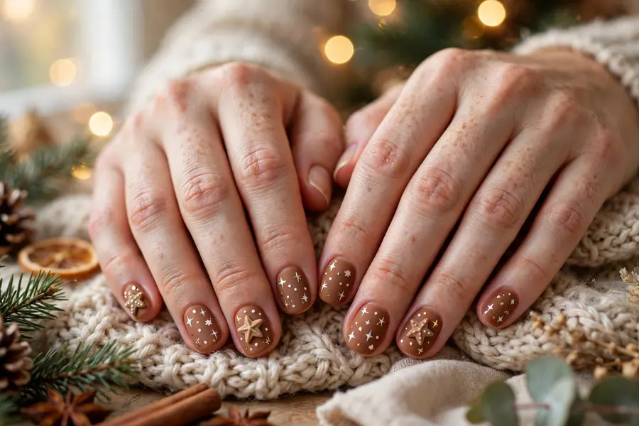 Gingerbread star nails with white and gold stars on brown on real hands