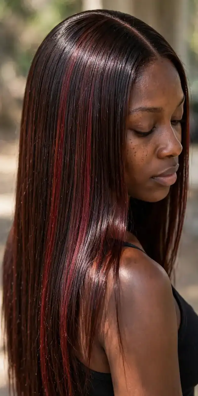 Sleek straight glass hair in cherry cola brunette color