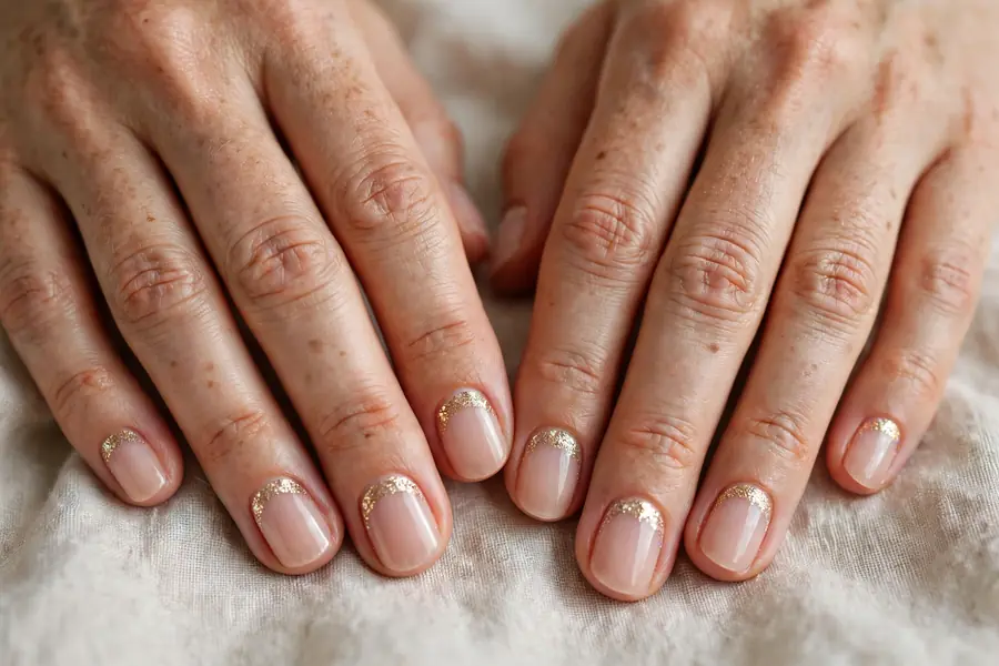 Glitter cuticle halo nails on real hands in soft light