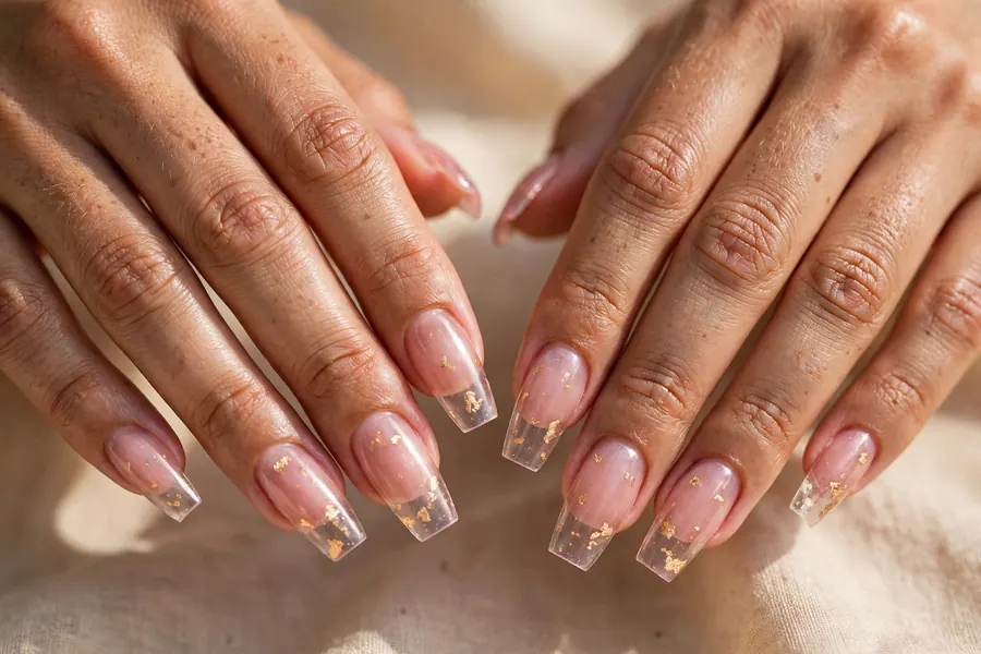 Jelly pink chrome nails with delicate gold foil flakes