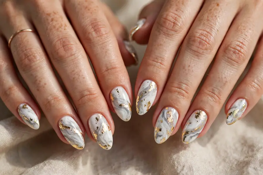 White marble nails with gold foil flakes