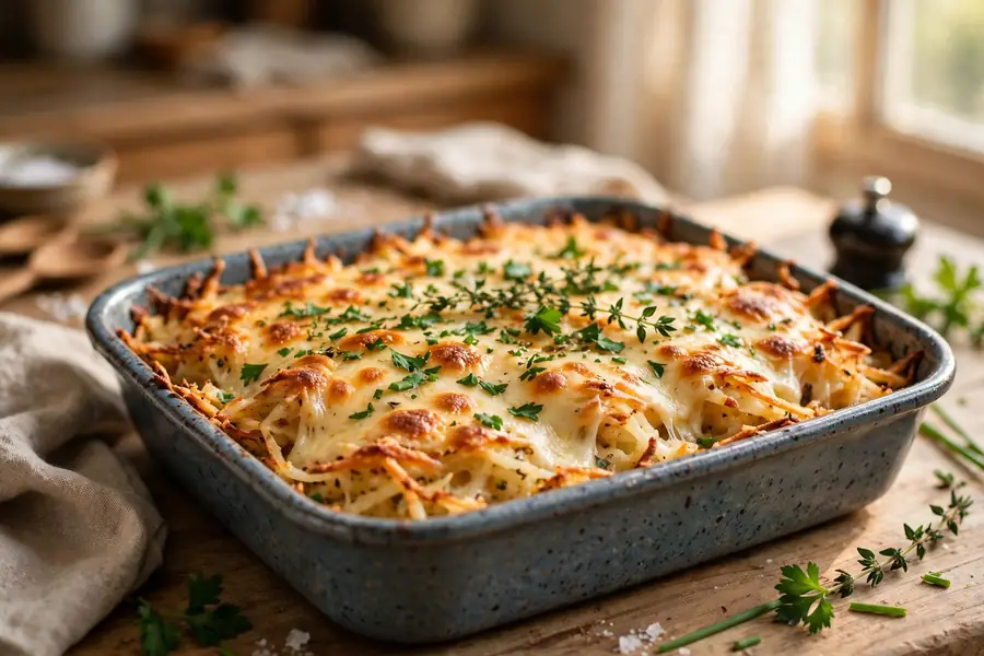 Hash brown breakfast casserole with melted cheese and herbs in a dish