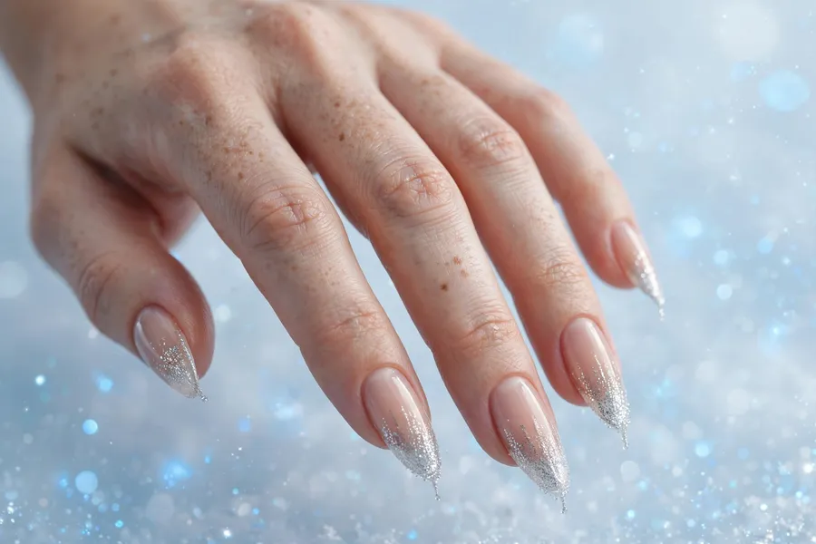 Glittering icicle tips december nail ideas with silver glitter gradient on sheer nude nails