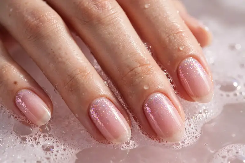 Bubble bath nails with iridescent glitter fade on real hands