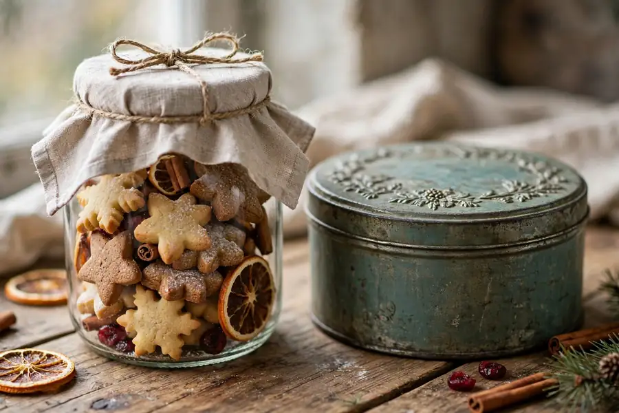 Christmas treats in a glass jar with a cloth cover and twine beside a vintage tin