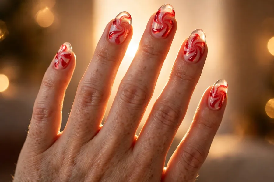 Jelly peppermint swirl nails with translucent red and white layers on real hands