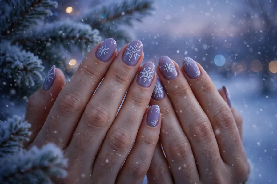 Soft lavender nails with white snowflake nail art in a dreamy twilight mood on real hands