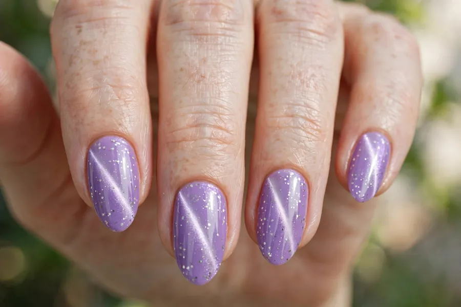 Lavender polka dot cat eye nails with silver dots