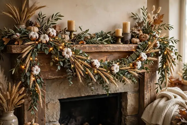 Fall home decor ideas with a wheat and eucalyptus garland on a mantel