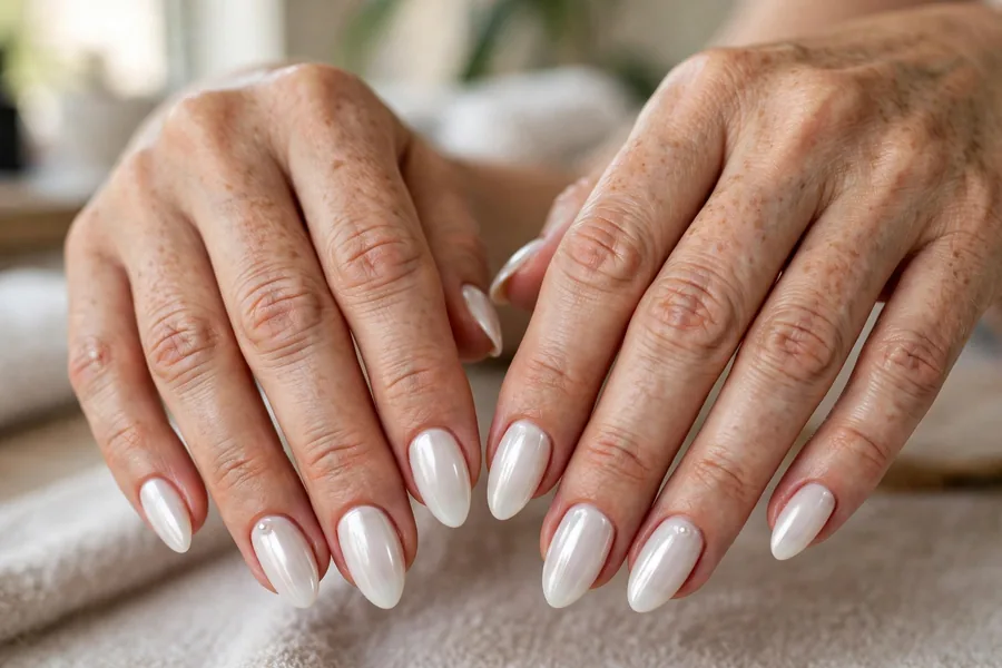 Milky white chrome nails with micro pearl accents on almond nails