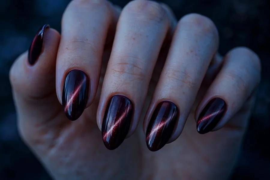 Midnight merlot dark red cat eye nails with cool undertones