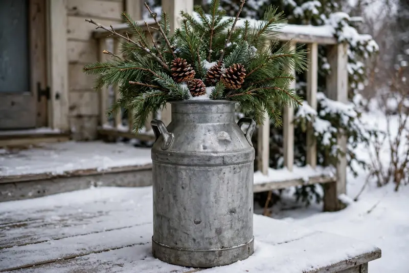Photorealistic photograph of a vintage metal milk can filled with evergreen branches and pinecones on a porch