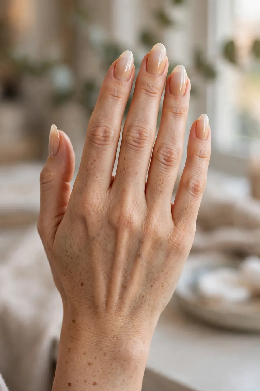 Milky caramel nude nails, soft creamy translucent finish