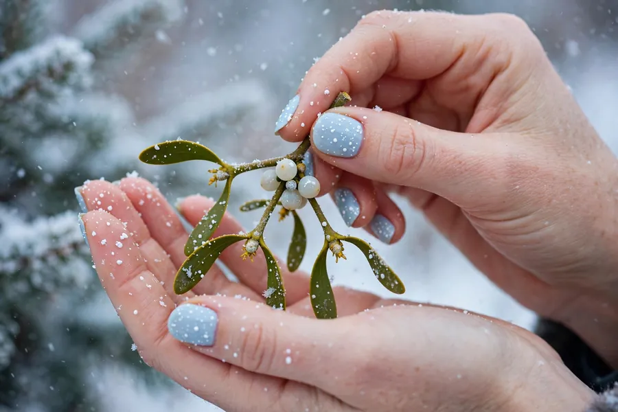 Mistletoe sprig with snowfall dots on mistletoe nails on real hands in winter light