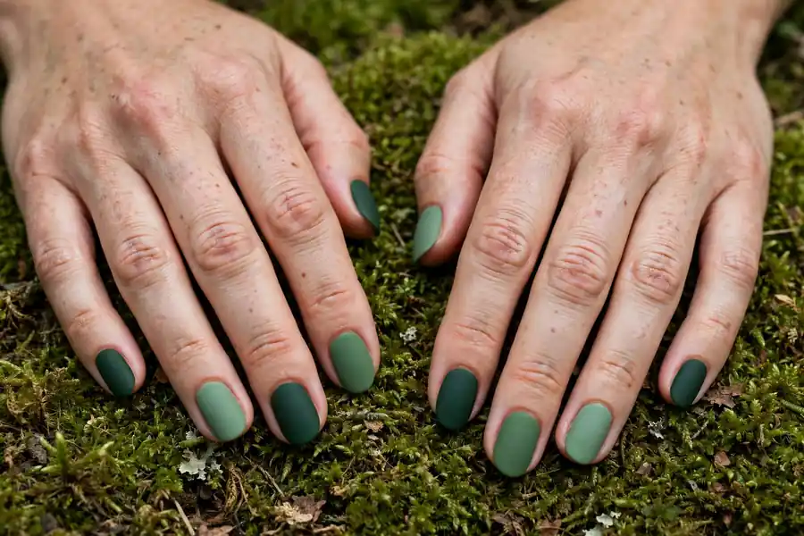 Moss green and evergreen mixed nails on real hands on moss