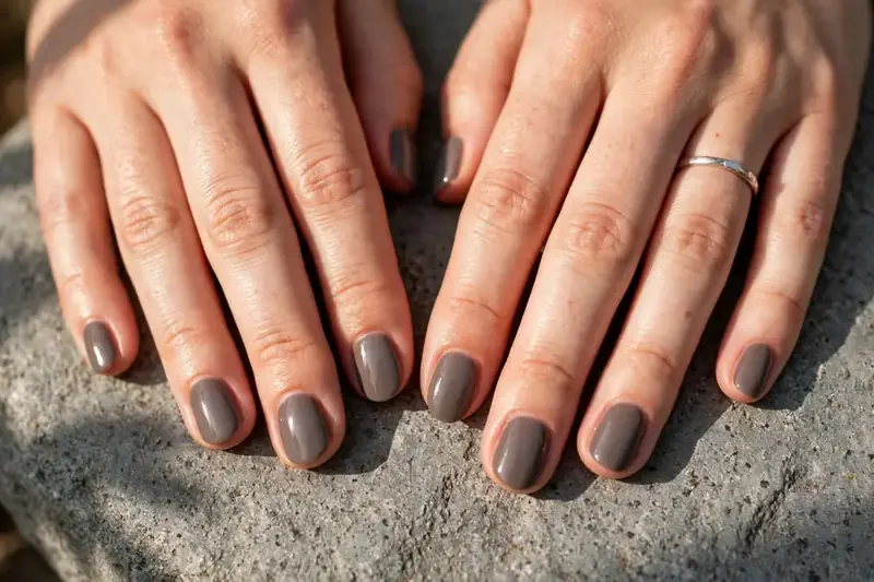 Mushroom taupe earthy nails on real hands