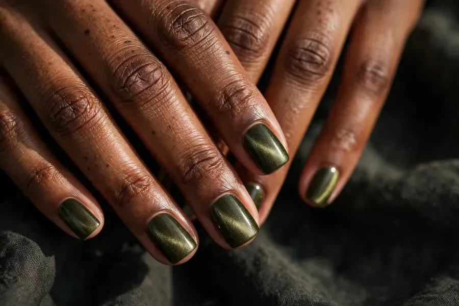 Olive green velvet nails on real hands