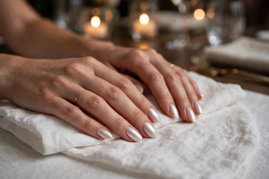 Pearly white shimmer date night nails on real hands on a white linen napkin