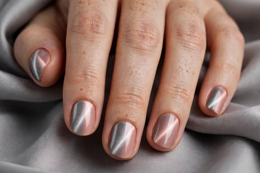 Round nails with pewter-to-blush two tone cat eye nail polish, soft metallic sheen
