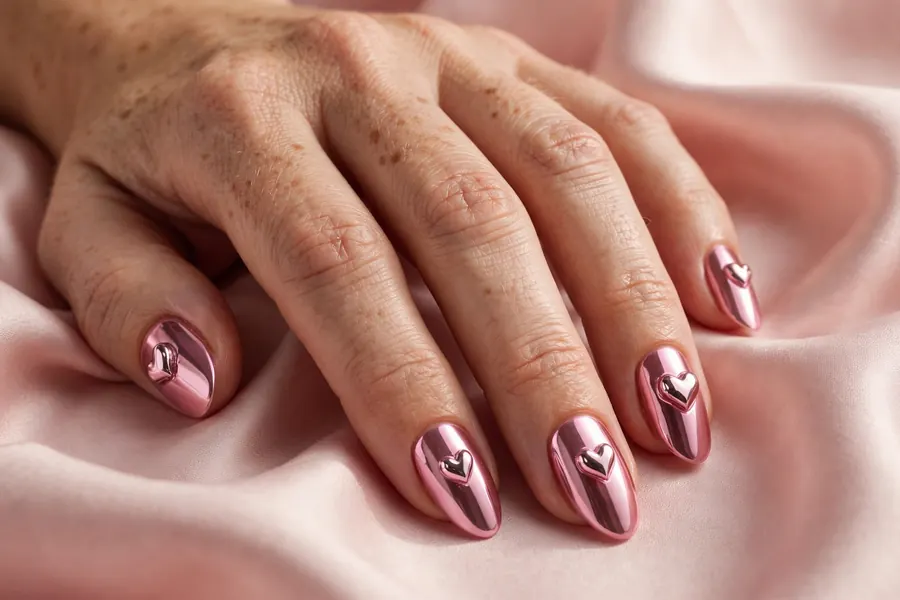 Pink chrome Valentine's Day nails with heart accents