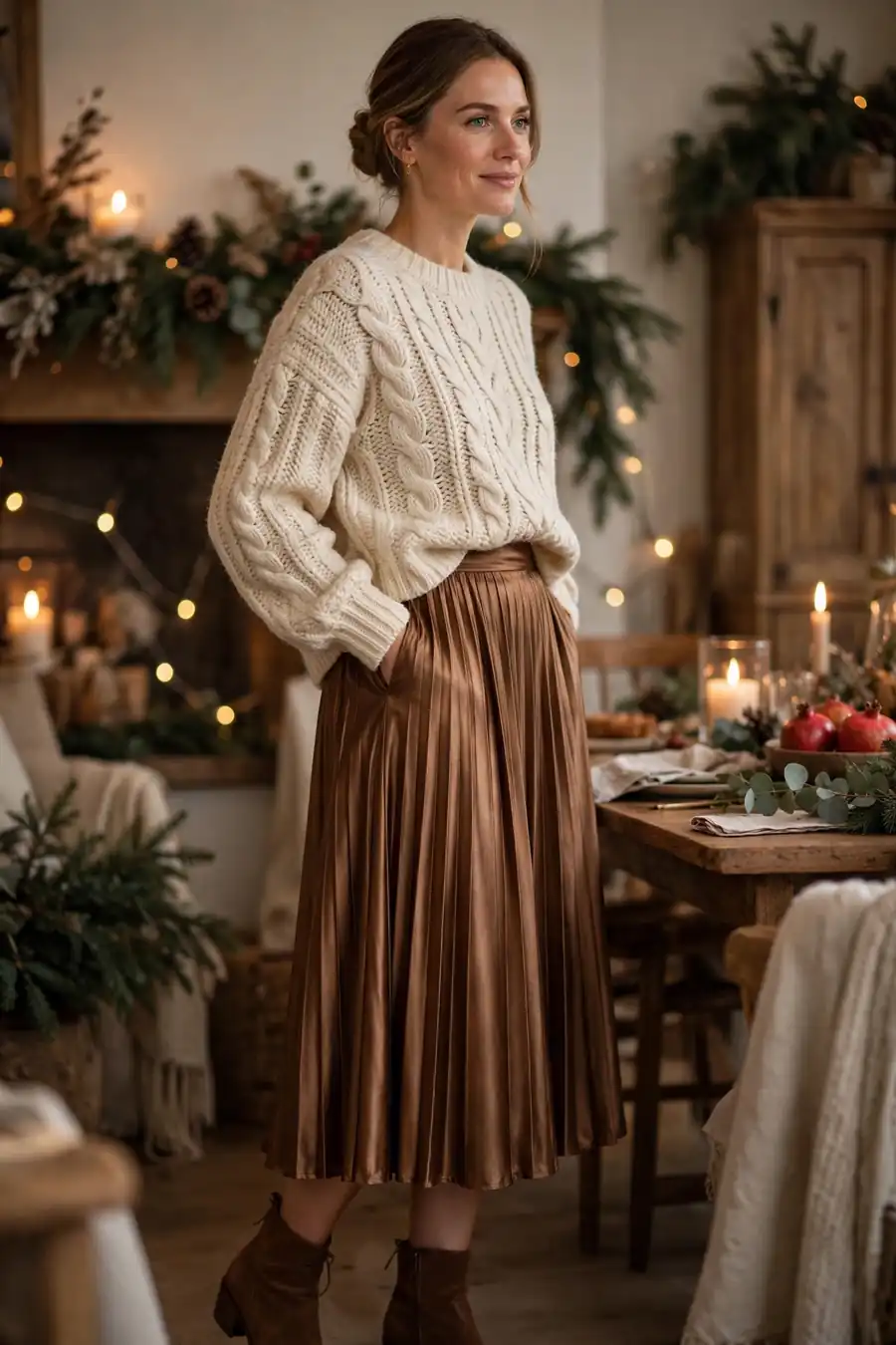 Satin pleated midi skirt in bronze with cream chunky sweater and ankle boots