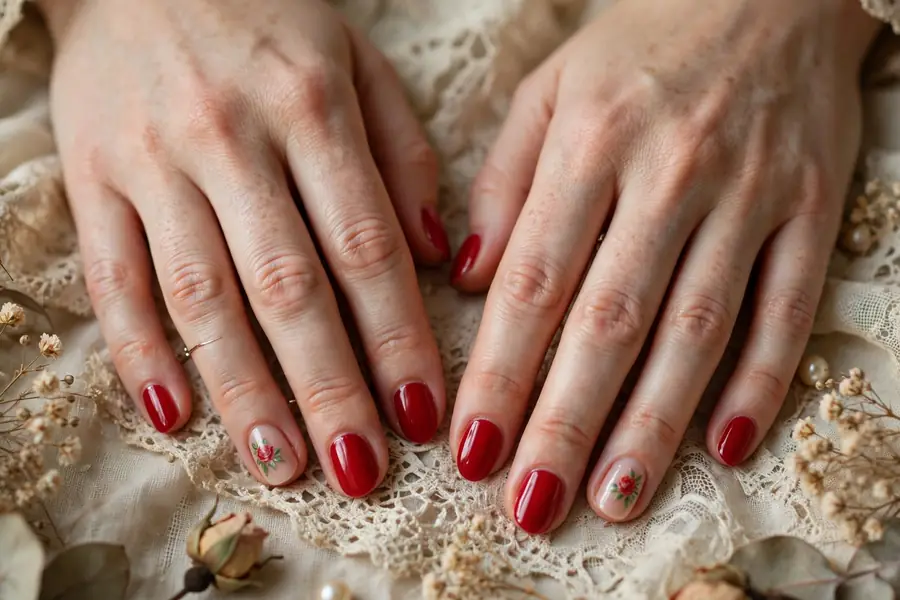 Classic red nails with a hand-painted red rose accent on real hands