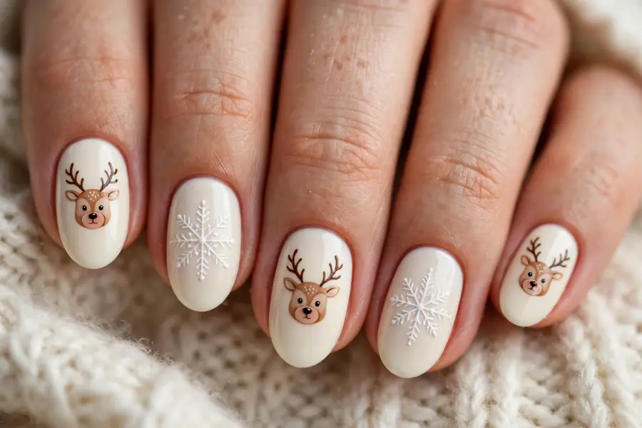 Reindeer nails paired with delicate snowflakes on real hands