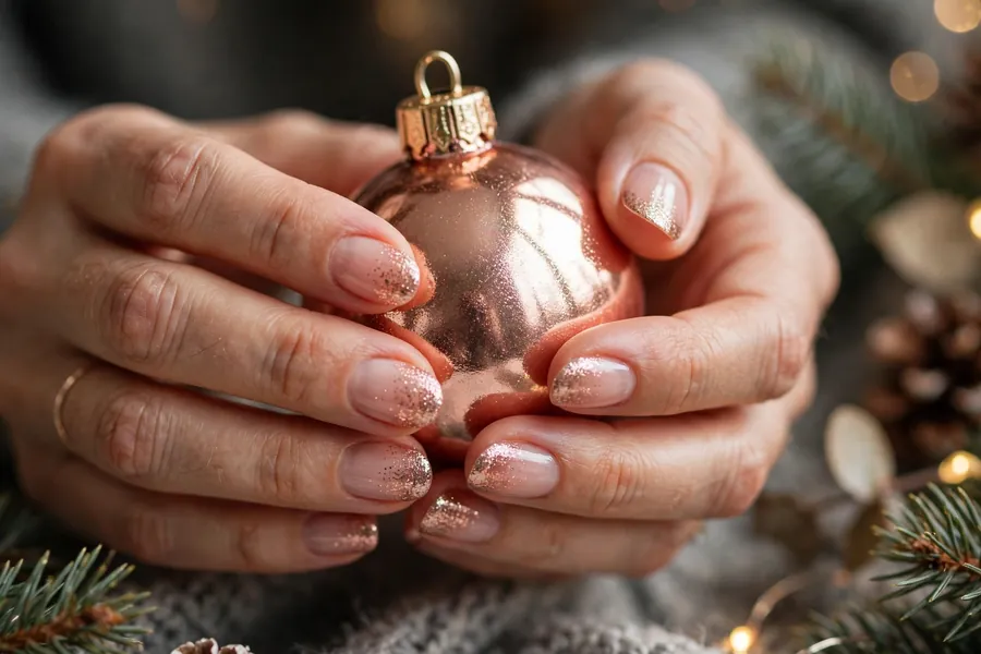 Rose gold shimmer Christmas French tip nails on real hands holding a rose gold ornament