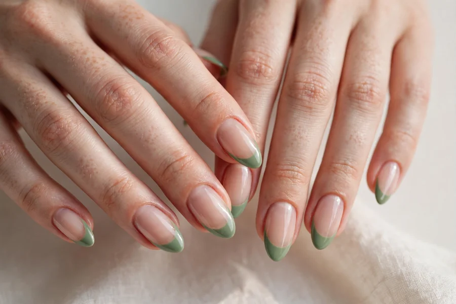Sage green crescent tips on a nude base