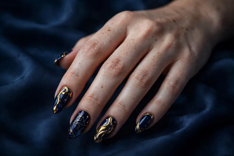 Hand with navy blue nails and molten gold chrome accents