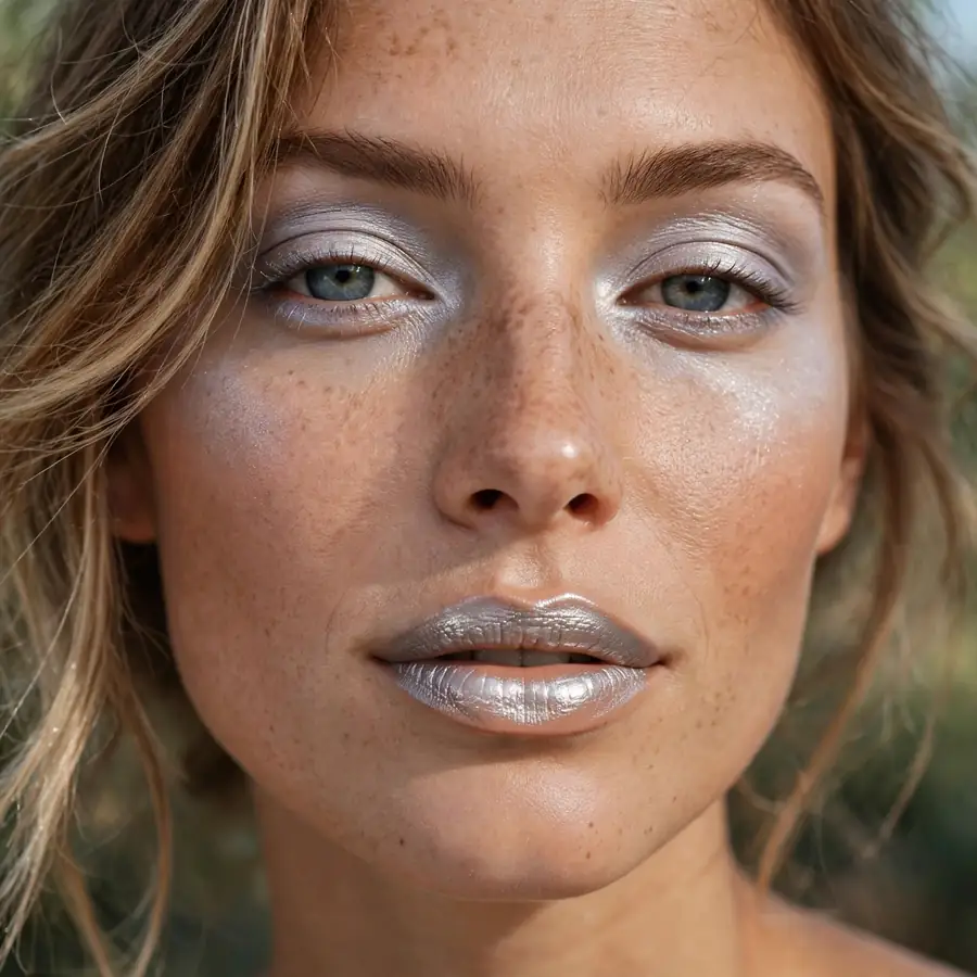 Metallic silver lip gloss layered over nude lipstick