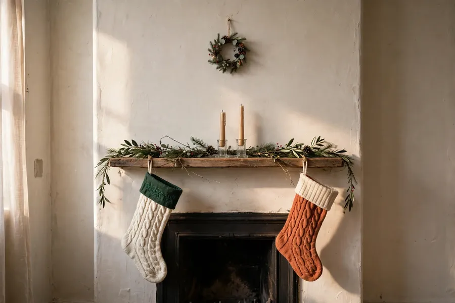 Small apartment fireplace mantel with compact Christmas garland and stockings