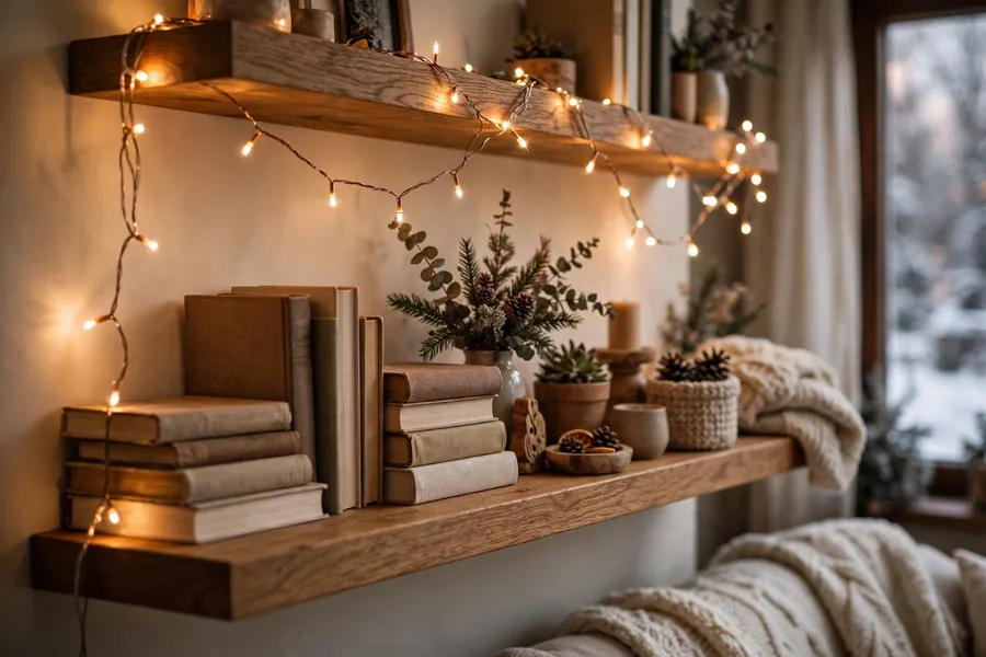 warm string lights draped along a living room shelf in winter