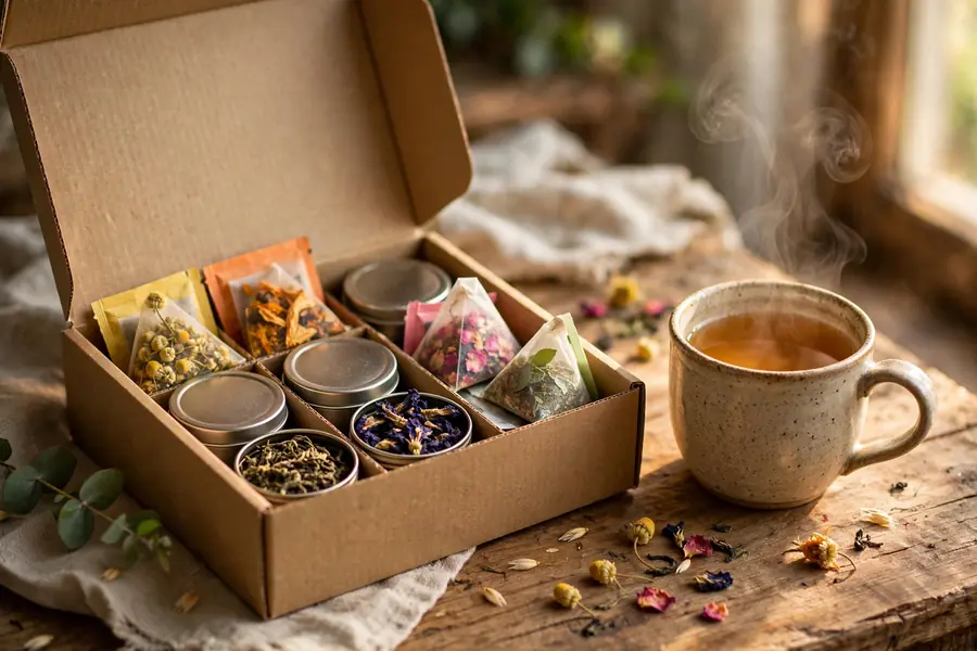 Artisan tea sampler box with colorful teas and a steaming cup