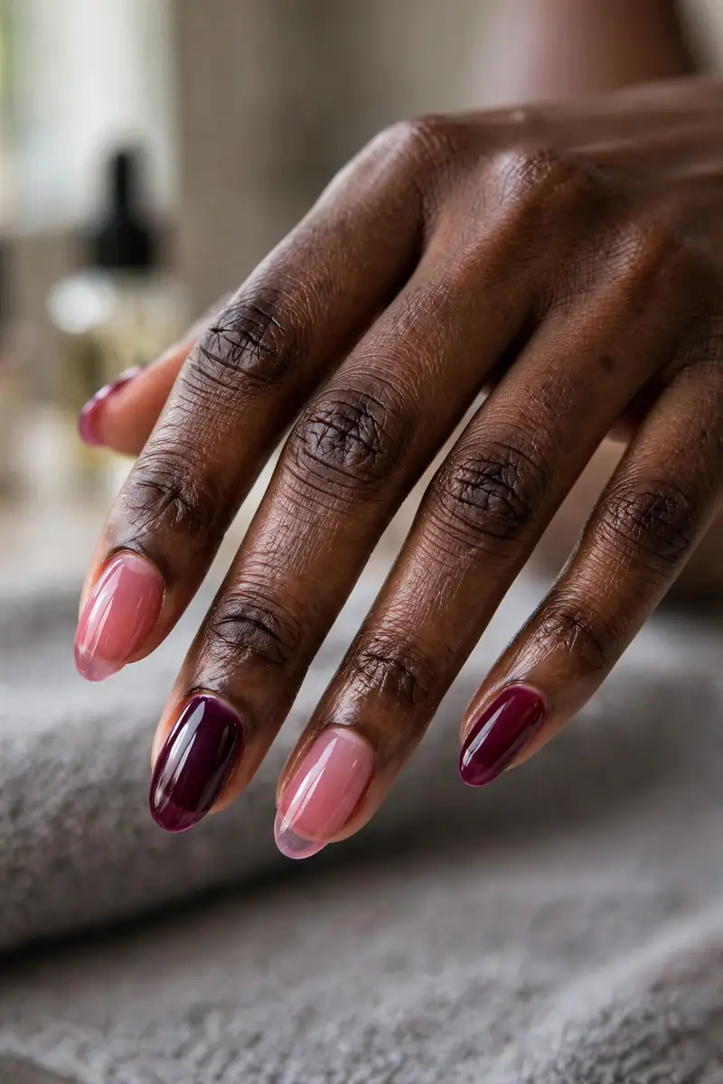 Two-tone raspberry jelly nails alternating sheer and deep berry shades