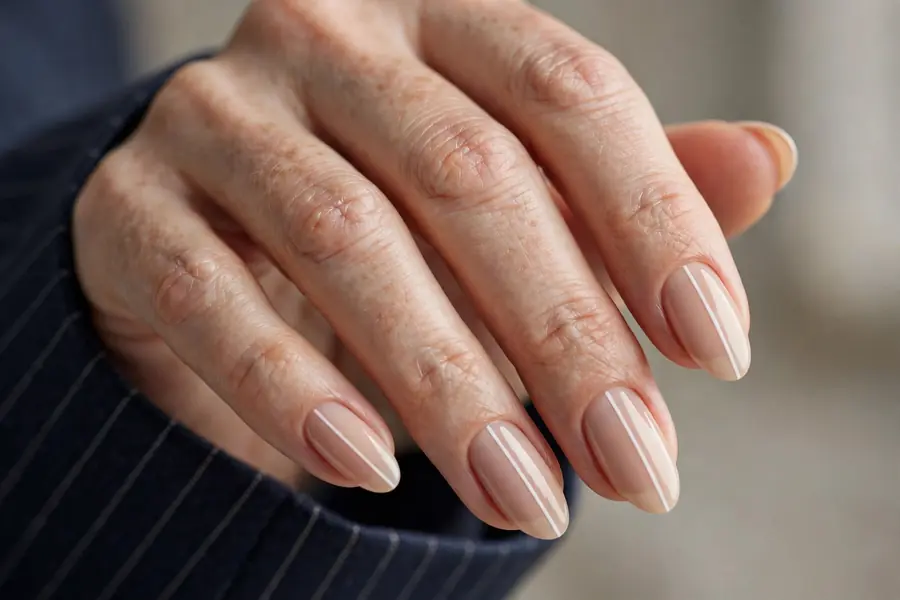 Single white vertical striped almond nails on nude, real hands